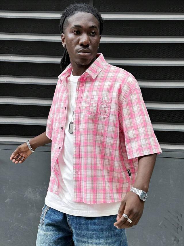 pink and white plaid short sleeve casual shirt