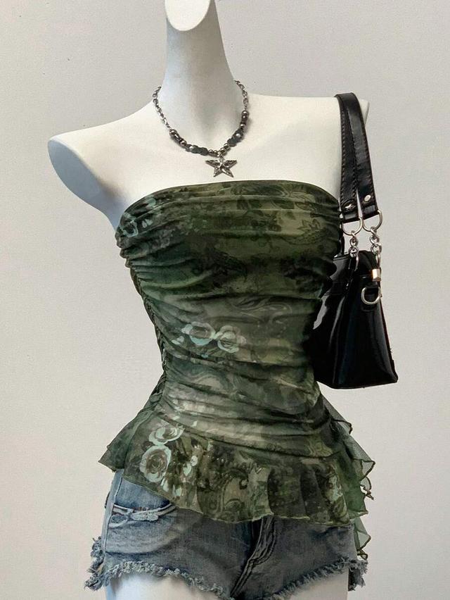 green floral printed mesh bandeau tube top