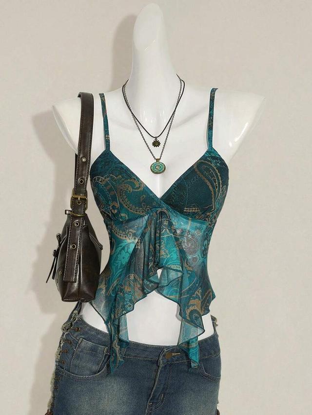 teal paisley print asymmetrical ruffled v-neck camisole