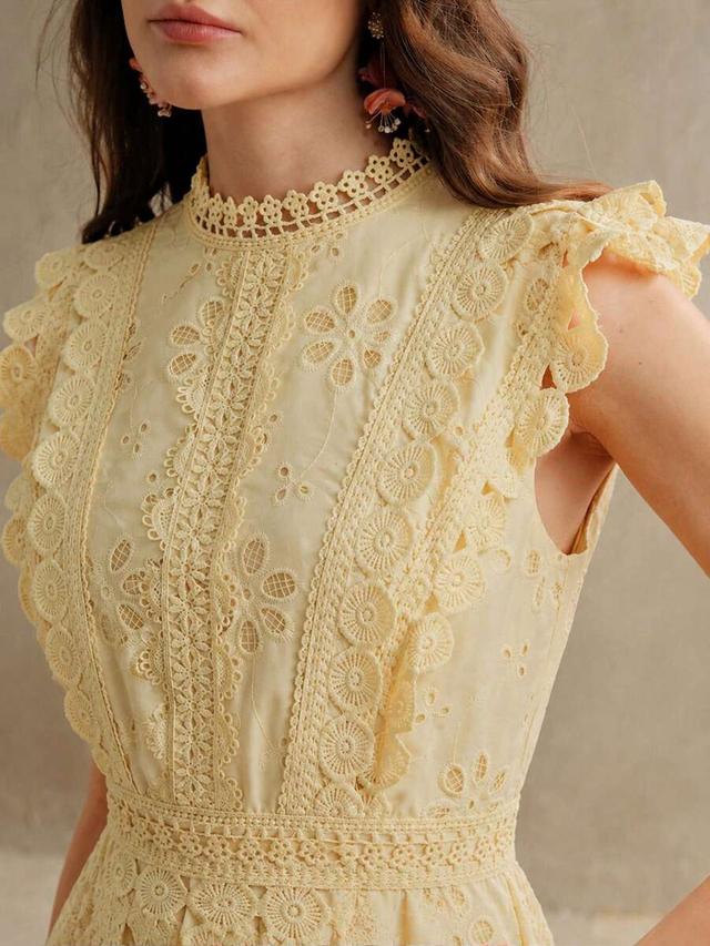 yellow hollow embroidery patchwork multi-layer lace stand collar dress