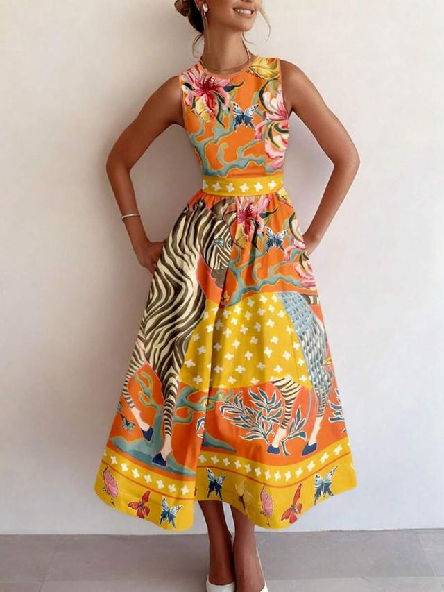 fashionable printed sleeveless round neck vacation party dress
