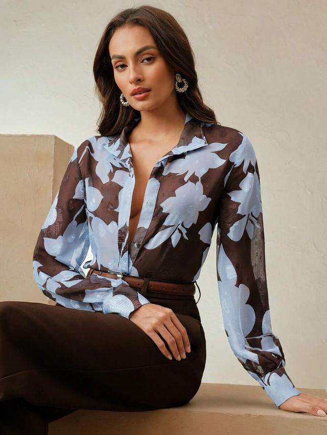 woven french jacquard floral long sleeve blouse