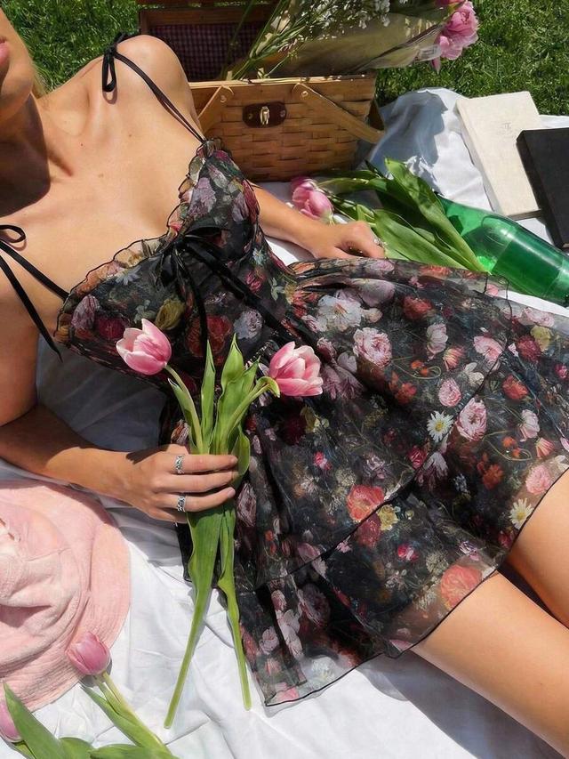 floral print organza tiered slip dress