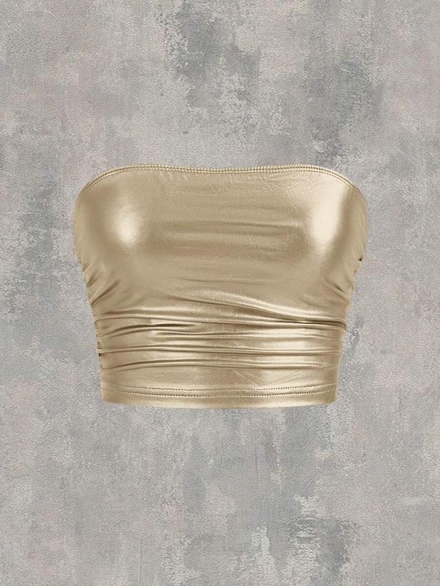 gold metallic knit pu tube top