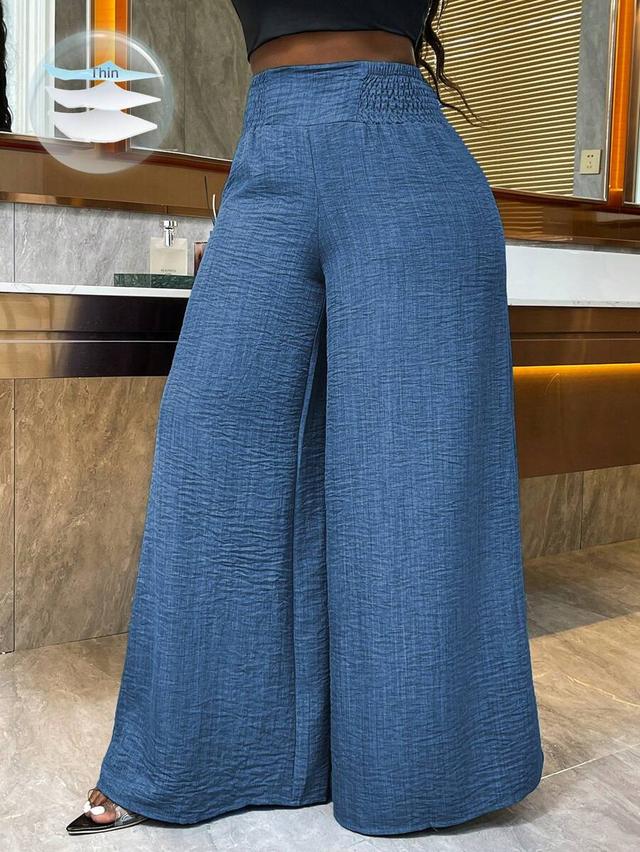 blue textured wide leg pull-on trousers