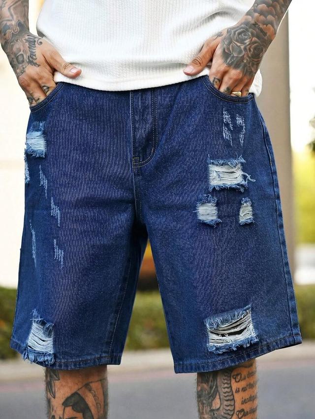 men's casual ripped straight leg blue denim shorts