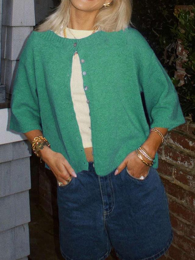 green short sleeve ribbed knit button down cardigan