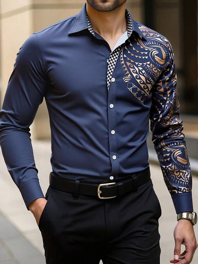 navy blue geometric print long sleeve dress shirt