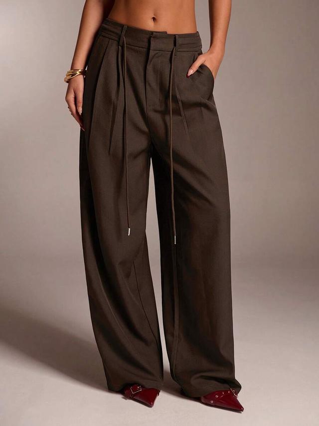 brown wide leg trousers with drawstring waist