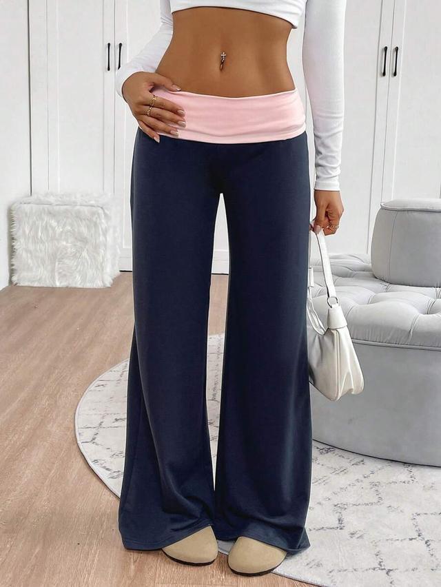 navy blue contrast foldover waist wide leg sweatpants