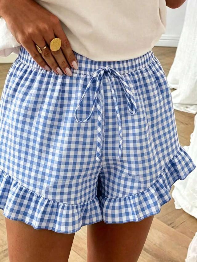 drmwander women's checkered elastic waistband shorts with flared hem