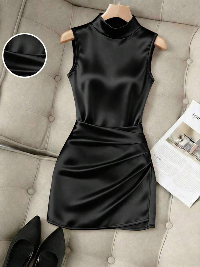 glossy black mock neck sleeveless pleated waist bodycon dress