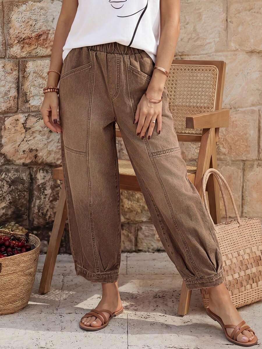 brown casual elastic waist patchwork tapered denim jeans