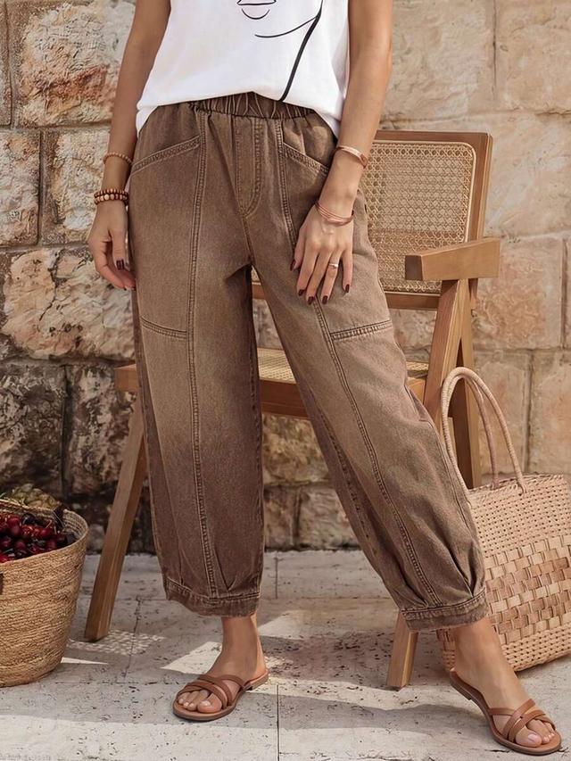 brown casual elastic waist patchwork tapered denim jeans