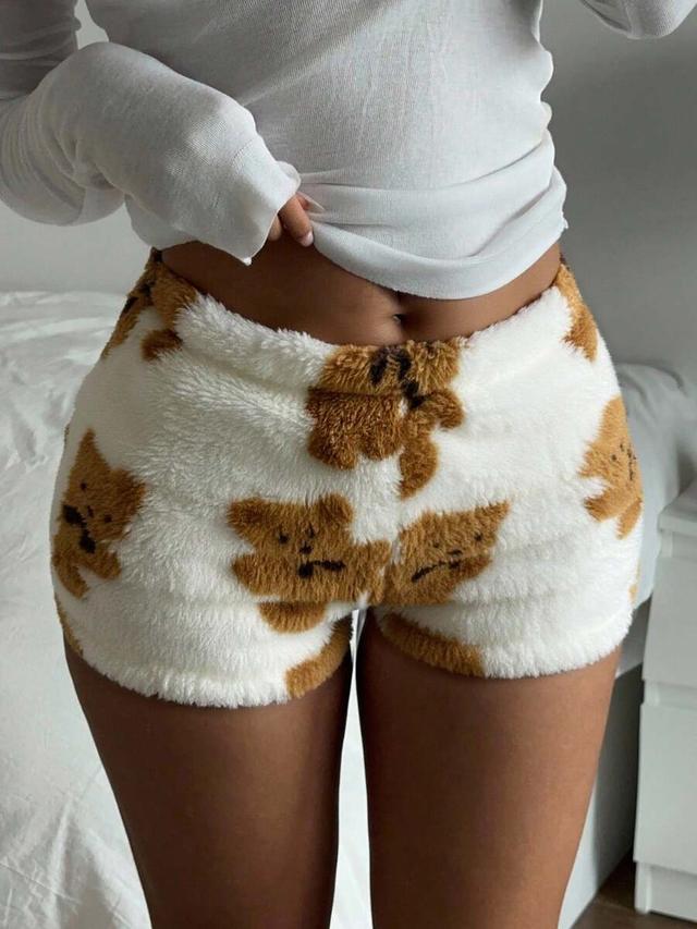 plush bear print casual lounge shorts