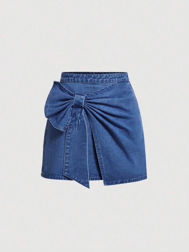 denim mini skirt with oversized bow detail
