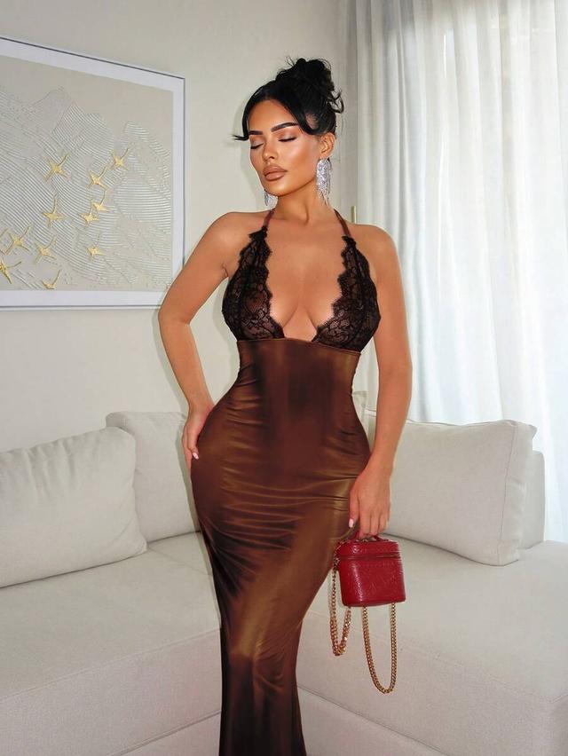 brown satin midi dress with black lace bodice