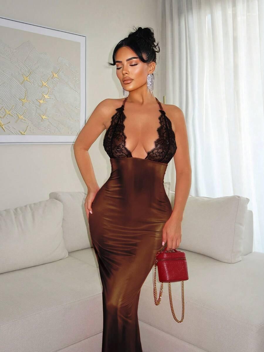 brown satin midi dress with black lace bodice