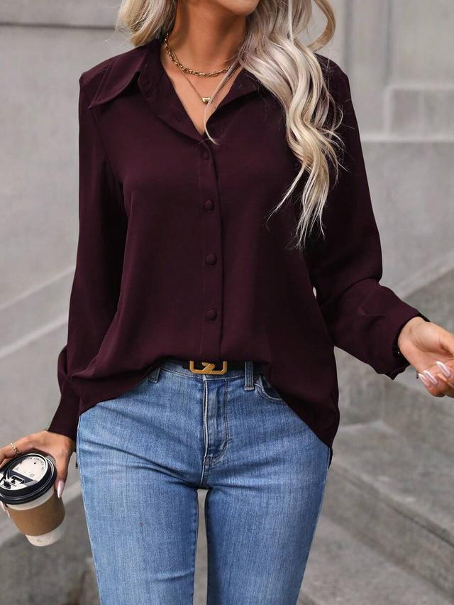 burgundy solid color long sleeve button-up shirt