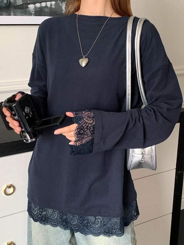 navy long sleeve lace patchwork drop shoulder t-shirt