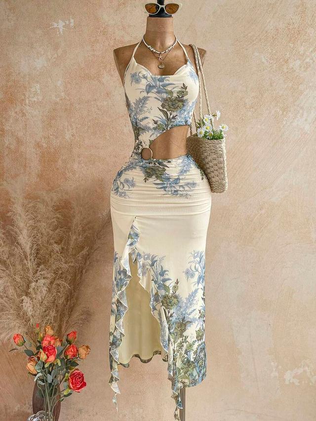 floral print halter neck cutout midi dress
