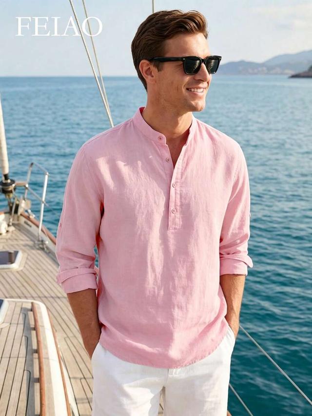 pink vintage style cotton henley long sleeve shirt