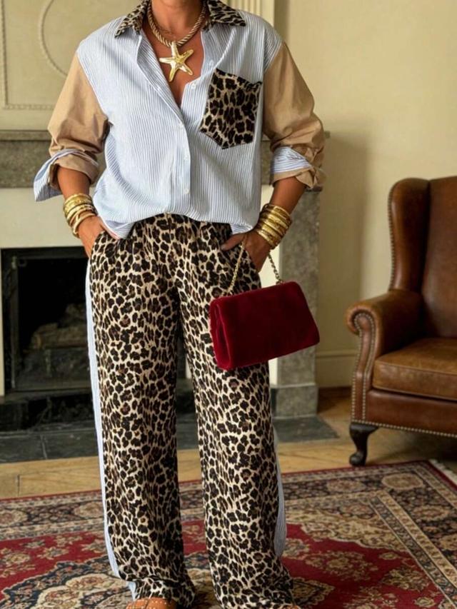 casual blue striped and leopard print patchwork two piece set