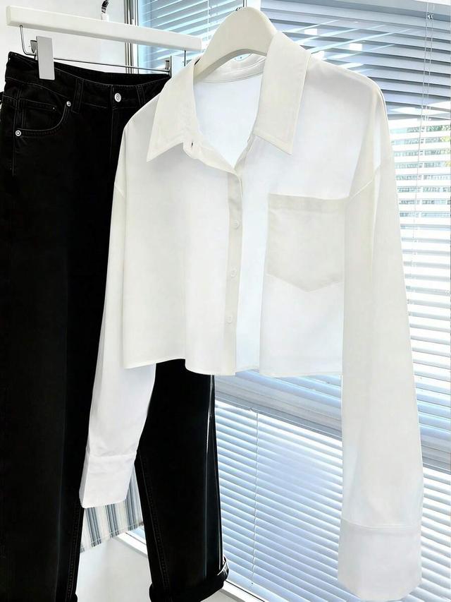 white cotton drop shoulder cropped long sleeve shirt