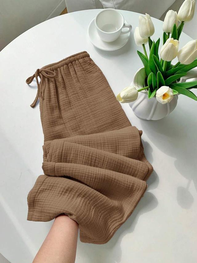 mocha brown textured cotton elastic waist drawstring pants