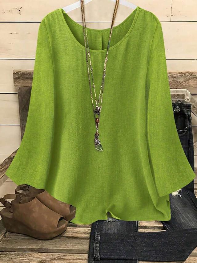 casual lime green round neck flared sleeve blouse
