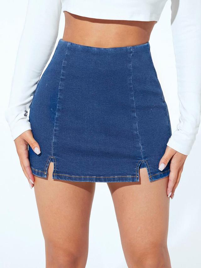 high waist slit bodycon denim skort
