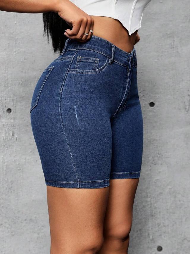 high waisted dark wash denim biker shorts