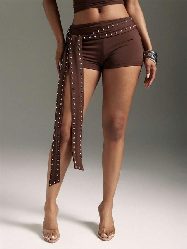 brown studded tie waist micro mini hot shorts