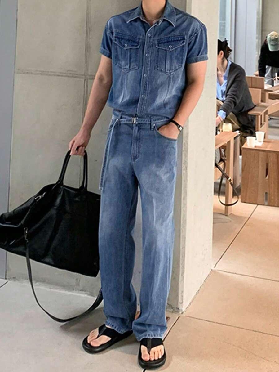 washed blue denim short sleeve shirt and relaxed jeans