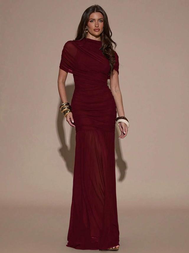 burgundy ruched bodycon maxi dress with pleated skirt