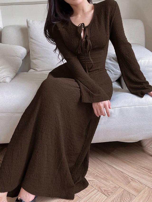 feyla women's solid color front tie long sleeve dress