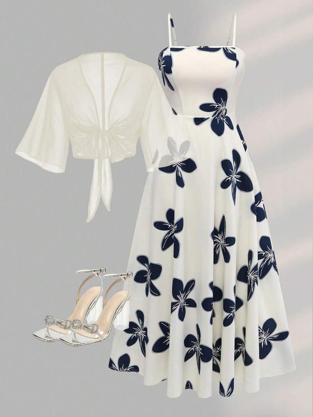 floral print chiffon dress and tie-front jacket set