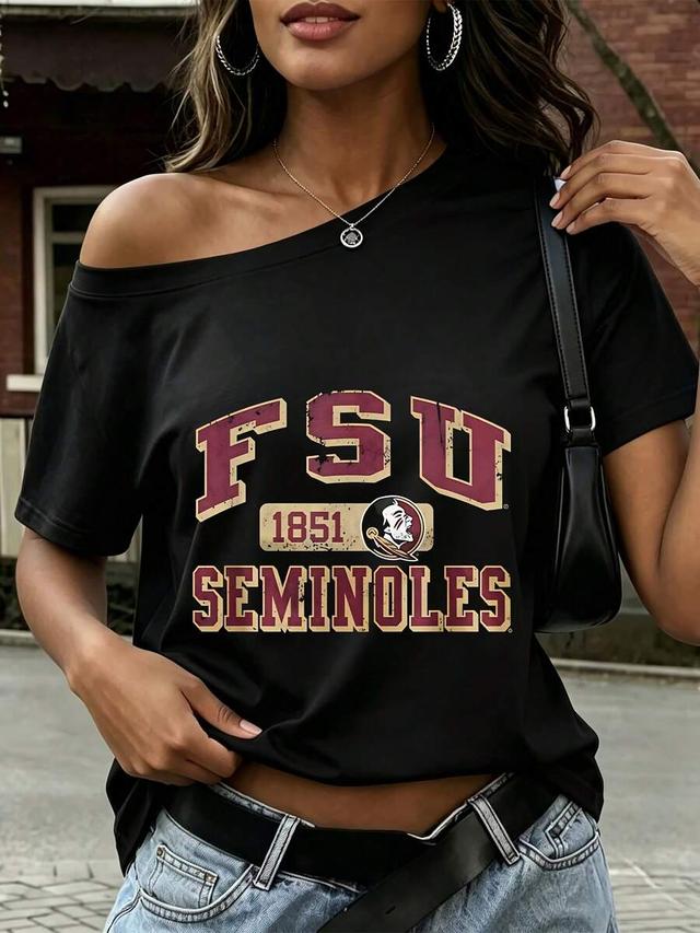black fsu seminoles vintage graphic asymmetric off shoulder tee