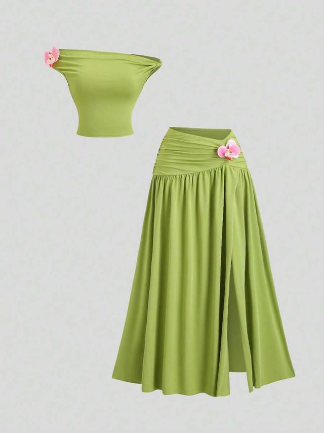 green off shoulder velvet crop top and skirt set