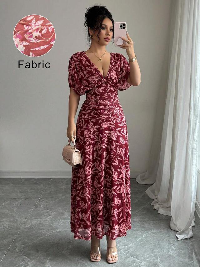 burgundy floral v-neck flutter sleeve ruched a-line dress