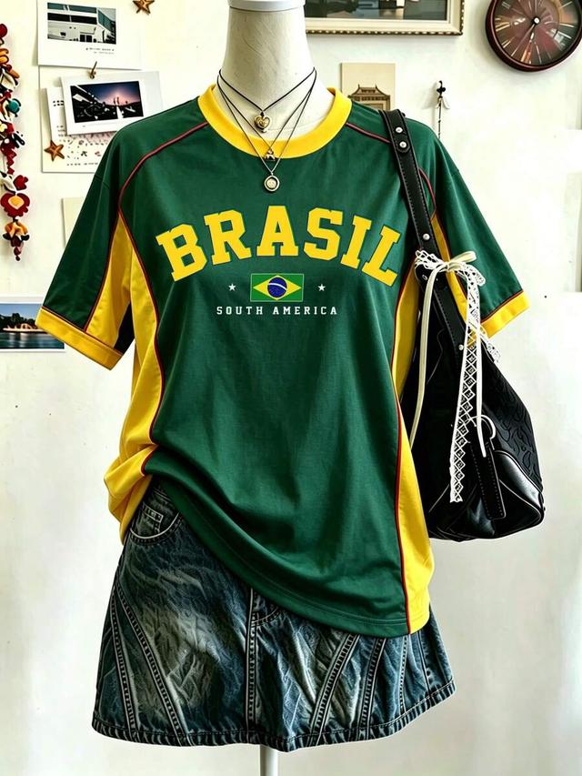 brazil theme contrast color round neck short sleeve jersey