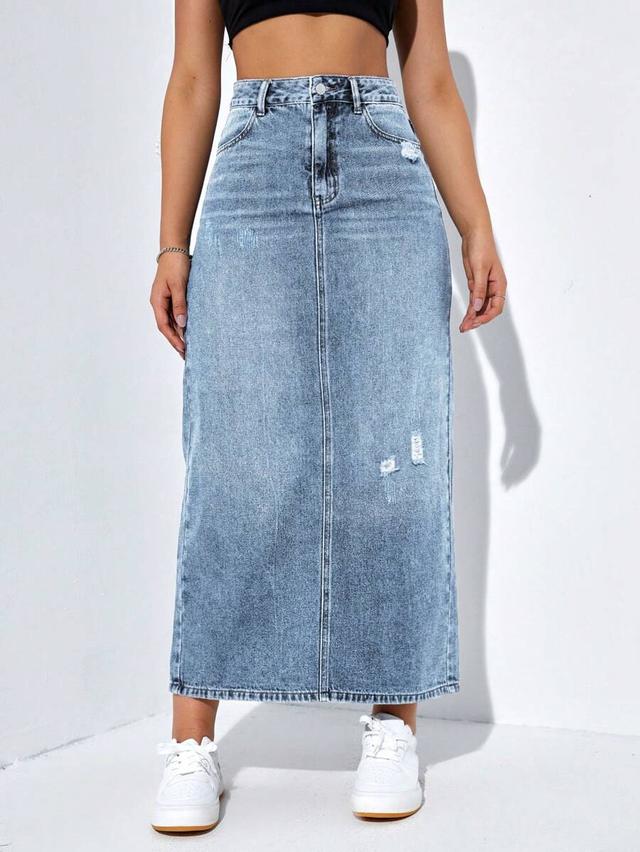 distressed light wash denim midi skirt