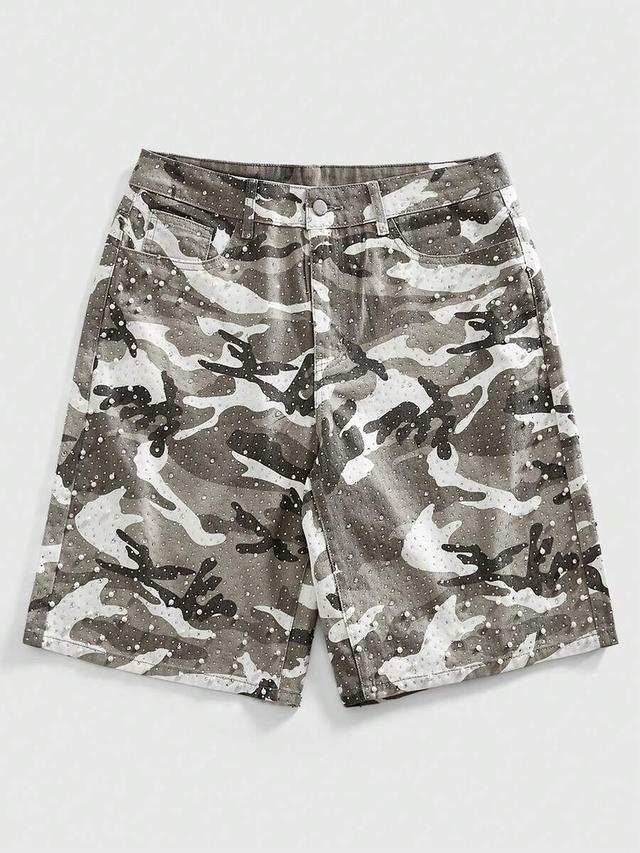 camo print denim shorts with pearl and diamond embellishments