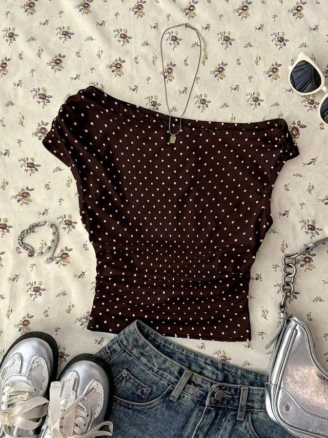 brown polka dot asymmetric ruched cropped top