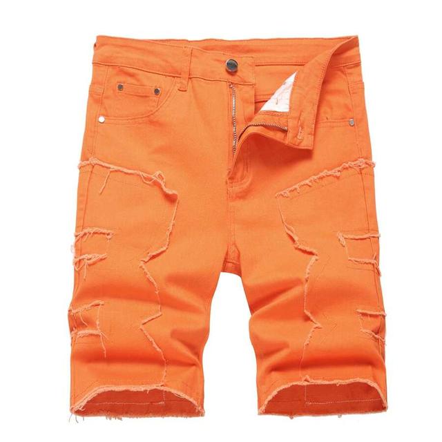 orange slim fit distressed denim shorts