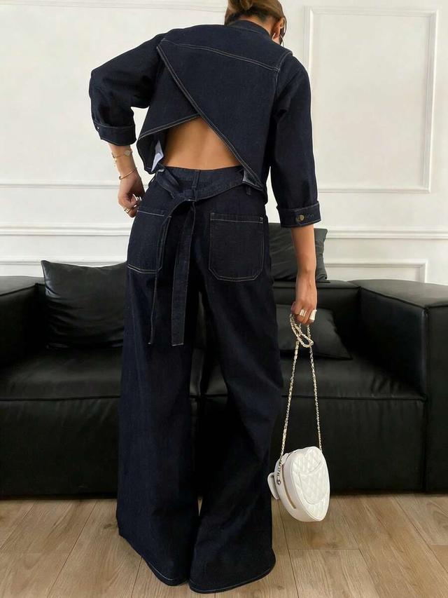 dark denim cropped jacket and wide leg jeans set