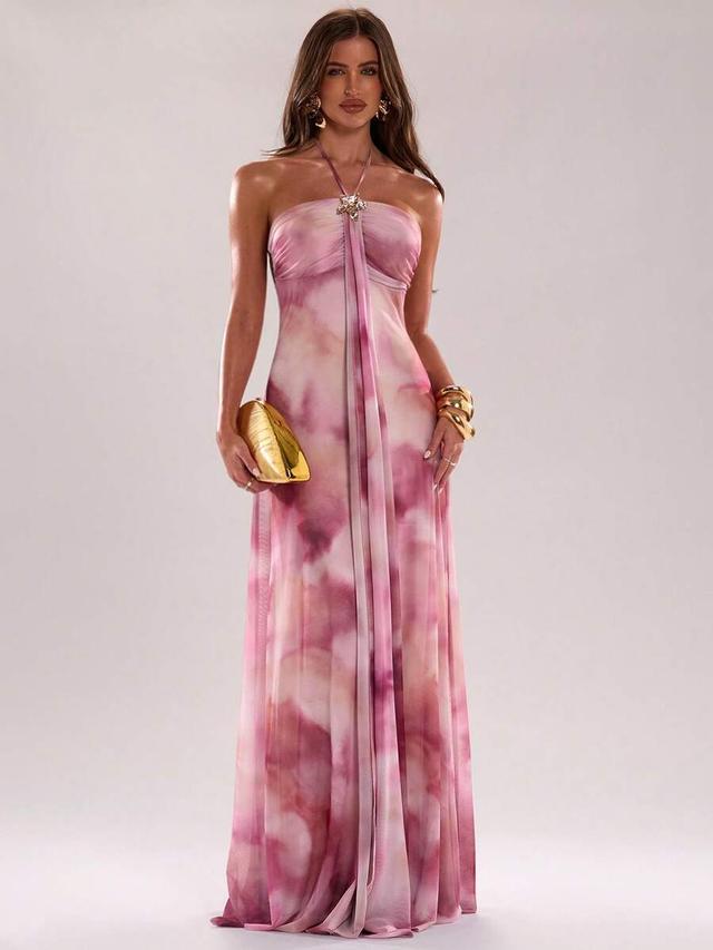 pink tie-dye print halter neck maxi dress