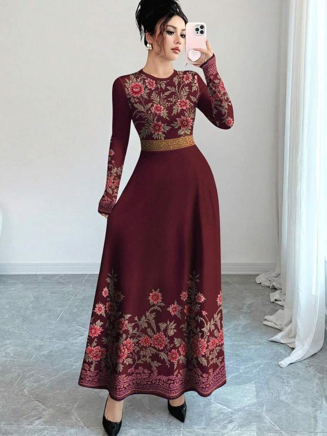 maroon floral print long sleeve a-line maxi dress