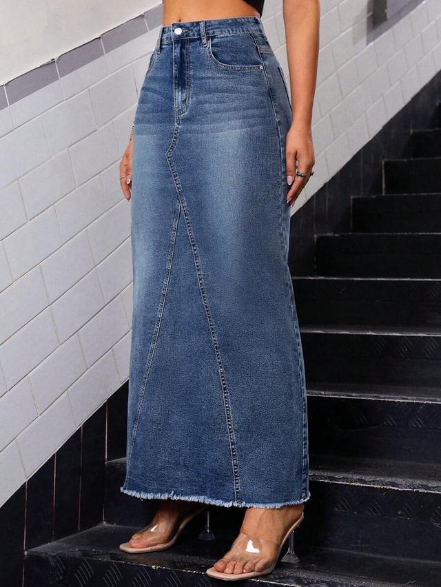 blue denim maxi skirt with frayed hem