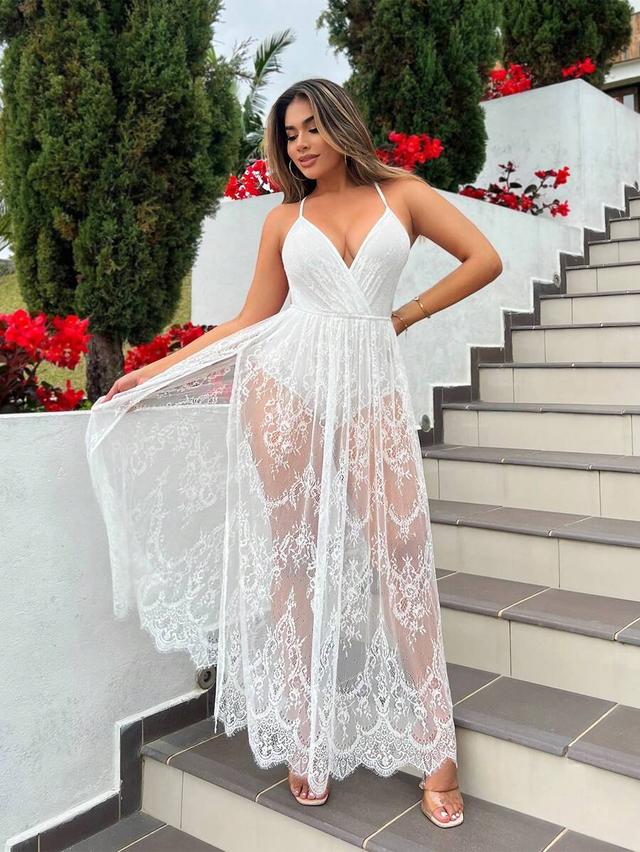white lace v-neck backless slip dress